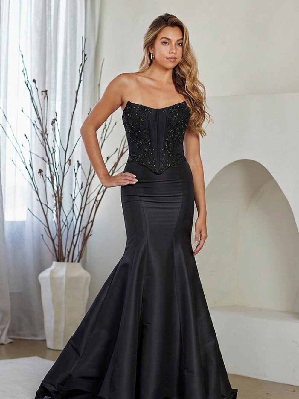 New Black Elegant Strapless Mermaid Gown w/ Corset Bodice & Lace up Back AC 8080